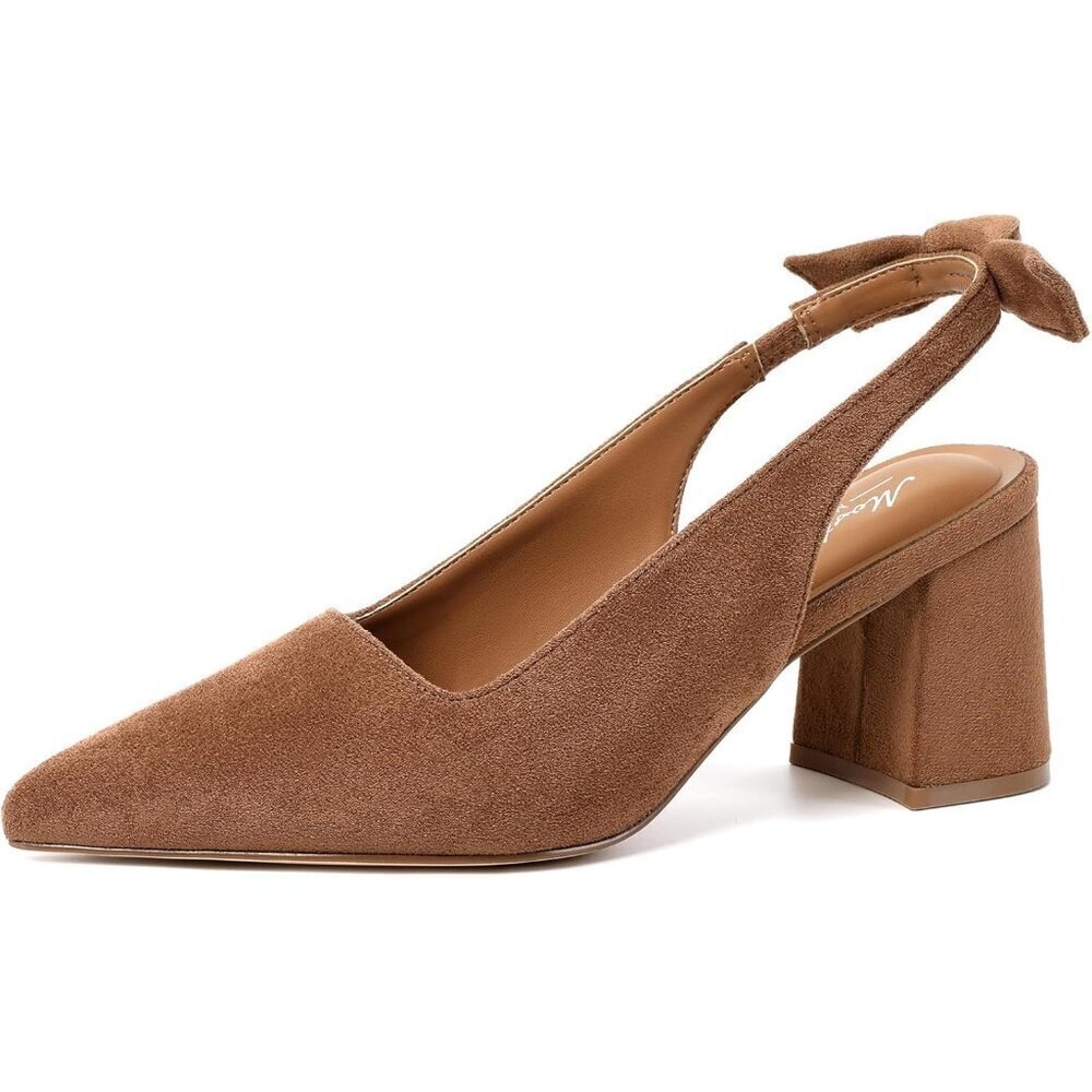 Women's Brown 2 Pointed Closed Toe Slingback Chunky Heels Office Work Pump Shoes